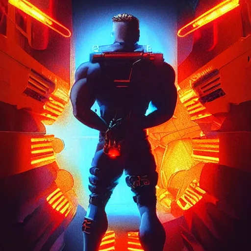 Prompt: Duke Nukem 3D, #FF0000 red, dark orange #AC2F00, Explosion, blue, intricate, cinematic lighting, highly detailed, digital painting, artstation, concept art, smooth, sharp focus, illustration, art by Artgerm and Greg Rutkowski, Cgsociety