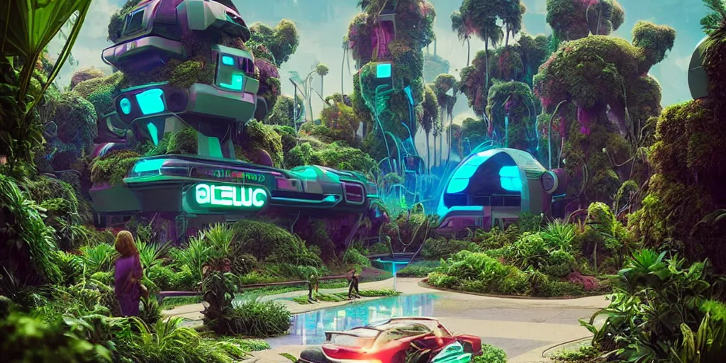 Image similar to 80s futuristic outdoor retro arcade, desolate, lush vegetation:: by beeple and James Gilleard and Justin Gerard :: ornate, dynamic, particulate, intricate, elegant, highly detailed, centered, artstation, smooth, sharp focus, octane render, 3d