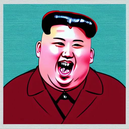 Image similar to screaming kim jong un holding a staff, wearing crown, cartoon character, digital art, fun,