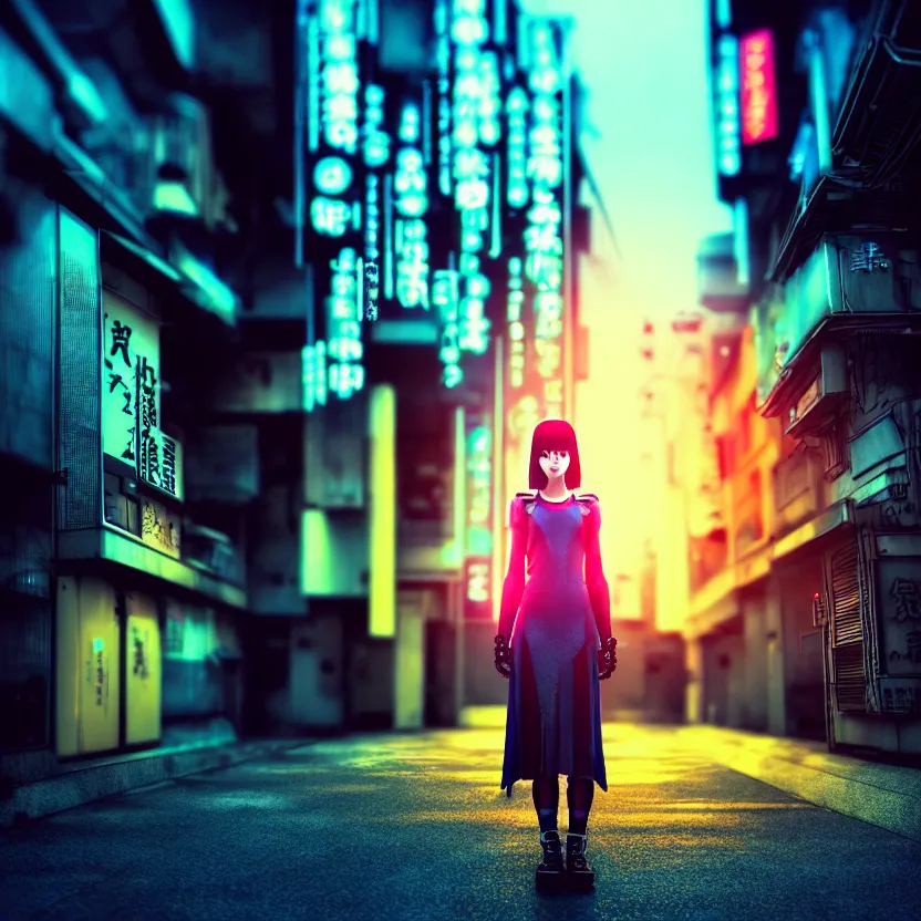 Image similar to a photo close up cyberpunk cyborg girl stands in a cyberpunk hiroshima, prefecture streets, sunset, photorealistic, cinematic lighting, very detailed, style by tomino - sama