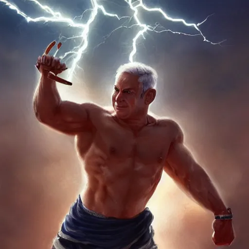 Image similar to benjamin netanyahu as a buff greek god of lightning, shooting lightning bolts from hands, highly detailed, ultra clear, by artgerm and greg rutkowski