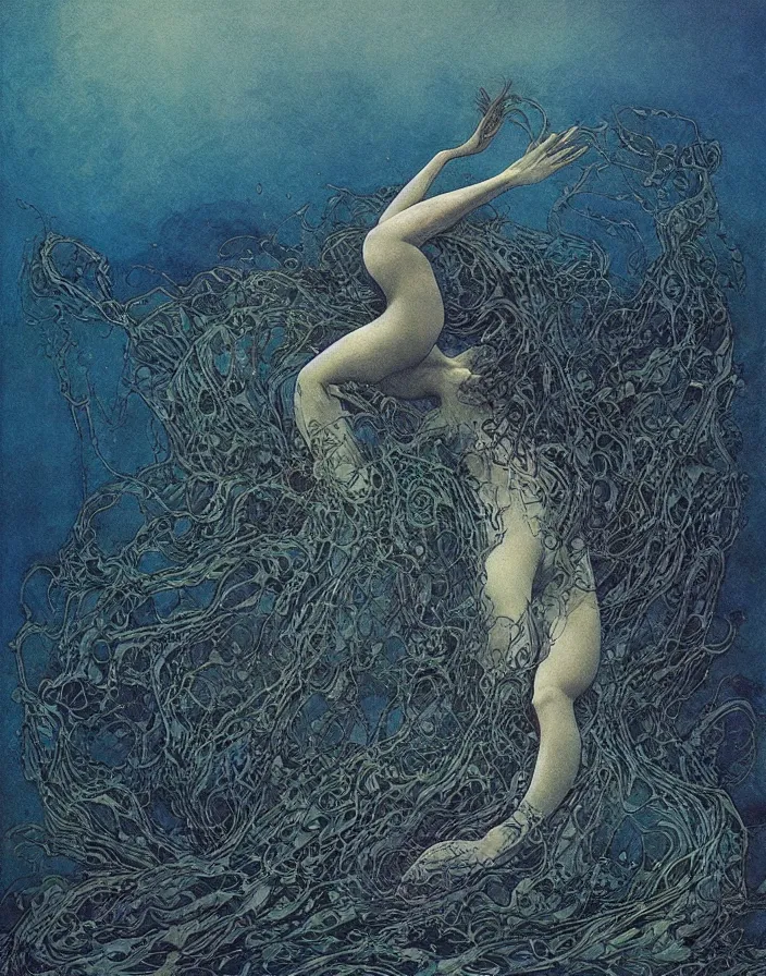 Image similar to a mermaid with big fins swimming deep underwater amongst seaweed and sea creatures, mermaid, beksinski painting, part by adrian ghenie and gerhard richter. art by takato yamamoto. masterpiece, dark and moody, deep colours, blue