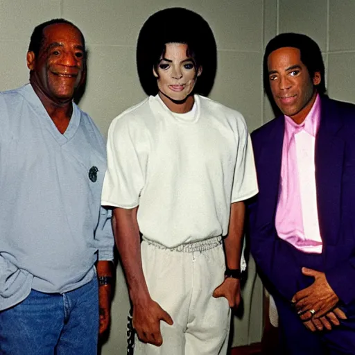 Image similar to bill cosby, michael jackson, and oj simpson in a prison cell together, award winning, 8k