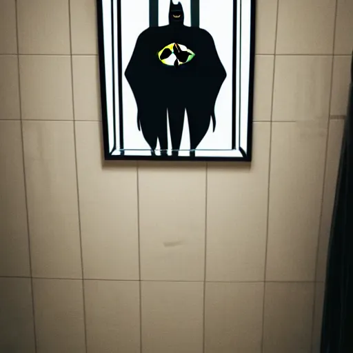 Prompt: batman taking a selfie in a bathroom mirror
