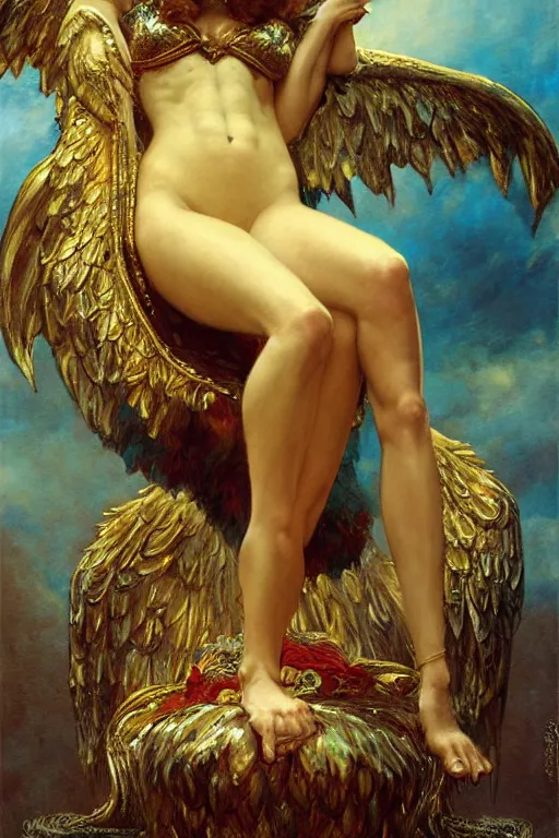 Prompt: full body portrait of harpie queen astride her throne, highly detailed painting by gaston bussiere, craig mullins, j. c. leyendecker, 8 k, mid shot