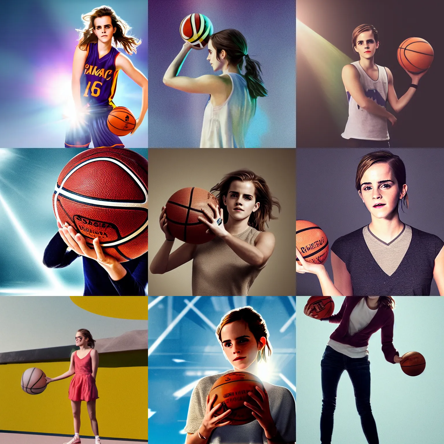 Prompt: emma watson holding a basketball in her hands, featured on dribble, process art, rim light, anamorphic lens flare, contest winner