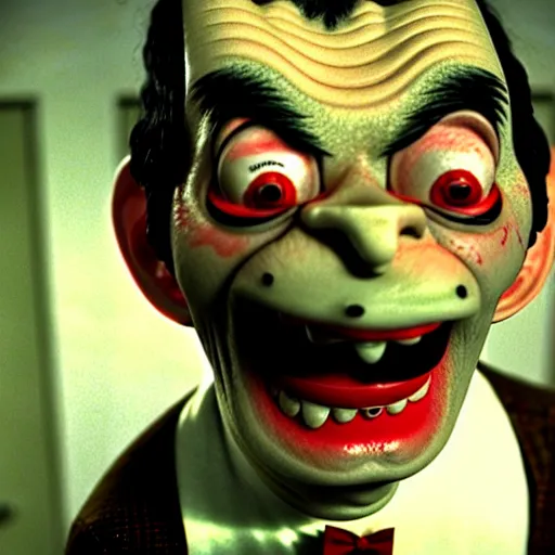 Image similar to mr. bean as frankensteins monster. movie still. cinematic lighting.