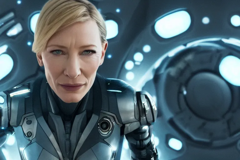 Image similar to cate blanchett on the bridge of a starship,cyborg, 4k,anime, movie still