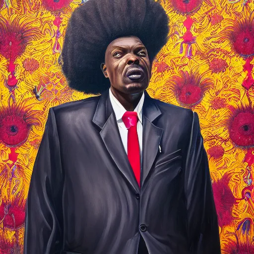 Image similar to a painting of a XXL wise elder from Kenya in a suit by Kehinde Wiley . dramatic angle, ethereal lights, details, smooth, sharp focus, illustration, realistic, cinematic, artstation, award winning, rgb , unreal engine, octane render, cinematic light, macro, depth of field, blur, red light and clouds from the back, highly detailed epic cinematic concept art CG render made in Maya, Blender and Photoshop, octane render, excellent composition, dynamic dramatic cinematic lighting, aesthetic, very inspirational, arthouse.