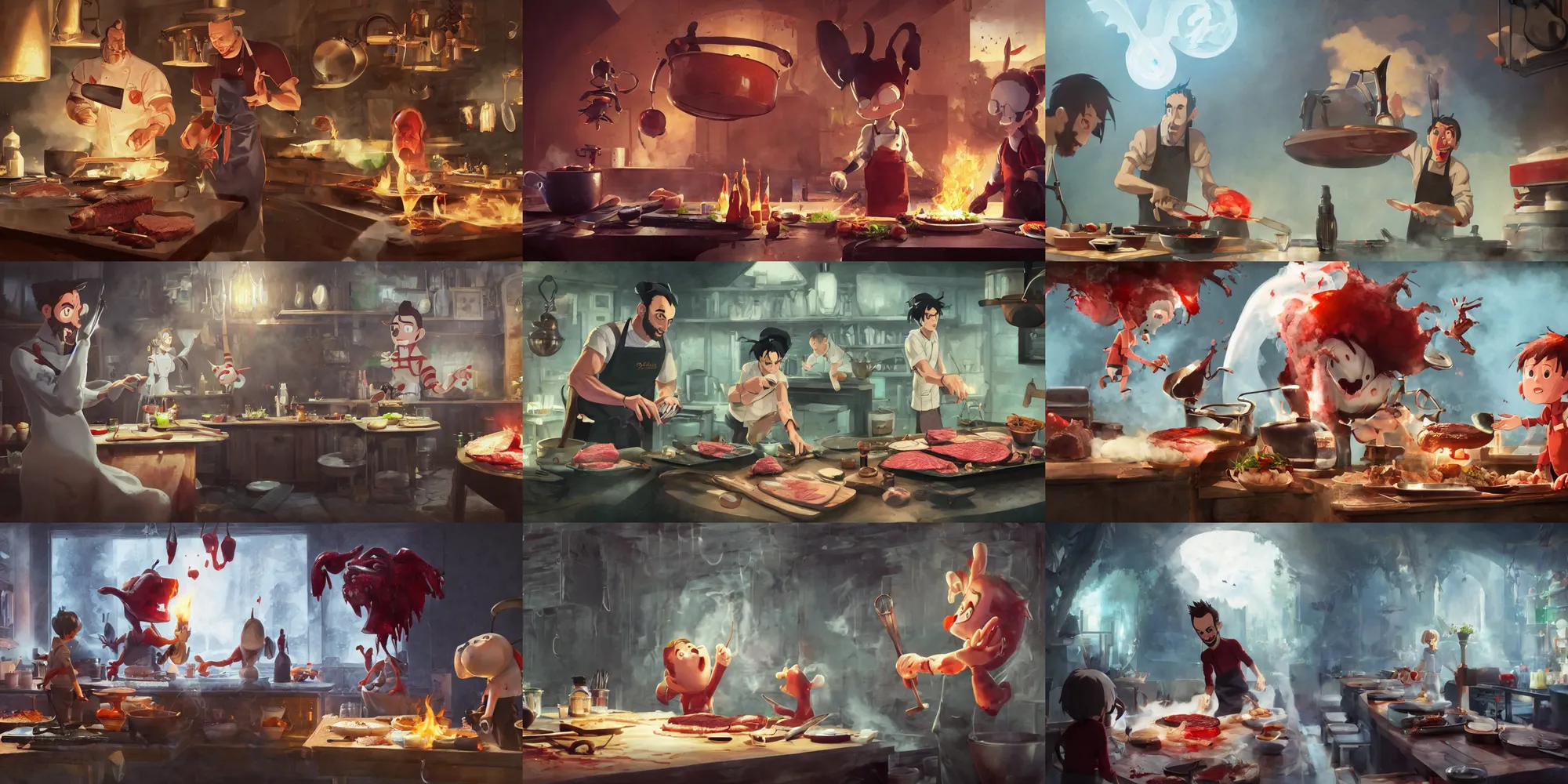 Prompt: a wholesome animation key shot of adam nergal darski as a cheff cooking a bloody steak as flying imps watch, medium shot, waist up, studio ghibli, pixar and disney animation, sharp, rendered in unreal engine 5, anime key art by greg rutkowski, bloom, dramatic lighting