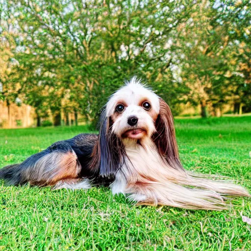 Image similar to a cute mutt who is half long haired dachshund and half shih tzu, brindle, laying under a tree on a farm, golden hour, promised land