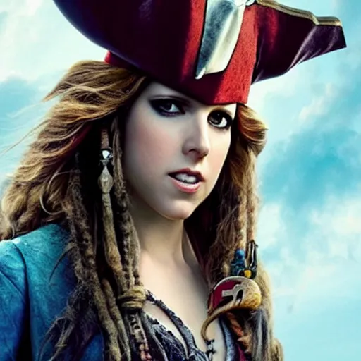 Image similar to still of Anna Kendrick as Captain Sparrow in Pirates of the Caribbean remake 2029