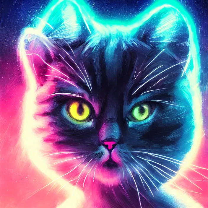 Prompt: cinematic portrait of a cute cat in space, neon lasers, chalk, masterpiece, trending on artstation, featured on pixiv, cinematic composition, dramatic pose, beautiful lighting, sharp details, hyper - detailed, hd, hdr, 4 k, 8 k, art by basil gogos