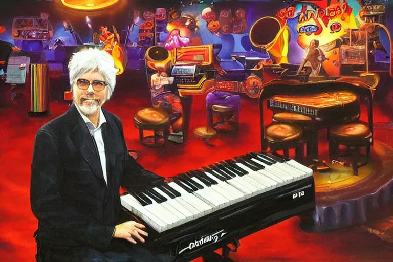 Image similar to portrait of michael mcdonald playing keyboard on stage at chuck e cheese, an oil painting by ross tran and thomas kincade