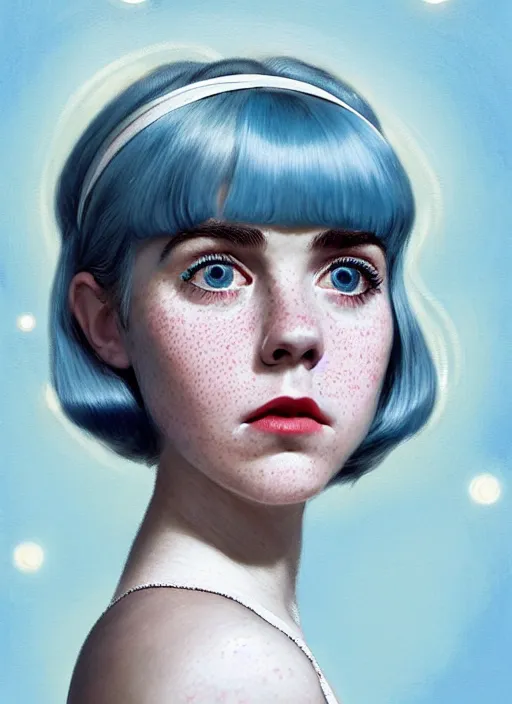 Image similar to portrait of kiernan shipka with freckles, white hair, big 1 9 6 0 s bob hairstyle with bangs and hairband, blue 1 9 6 0 s dress, intricate, elegant, glowing lights, highly detailed, digital painting, artstation, concept art, smooth, sharp focus, illustration, art by wlop, mars ravelo and greg rutkowski