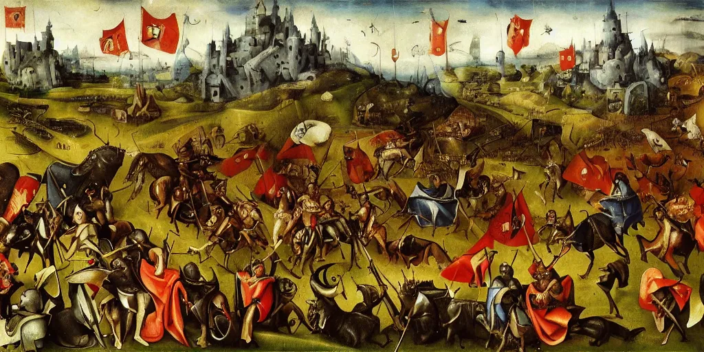 Prompt: heroes of might and magic gameplay in style of hieronymus bosch paintings, painting, gameplay, high detailed, dark fantasy, dark tones, buildings, armored units, red flags, cavalry, rpg, high detailed, contrast, octane render, mill, farm, creative