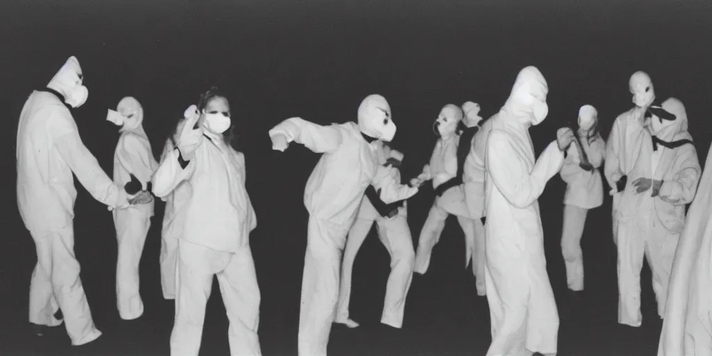 Prompt: creepy photo of people in italian doctor masks dancing around a small obsidian monolith in a barn, 70mm film, old film, found film, scary, ominous, disturbing
