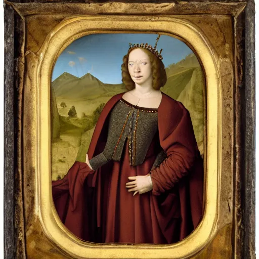 Image similar to renaissance style portrait of an alpine chamois wearing a crown and a cape, dark background