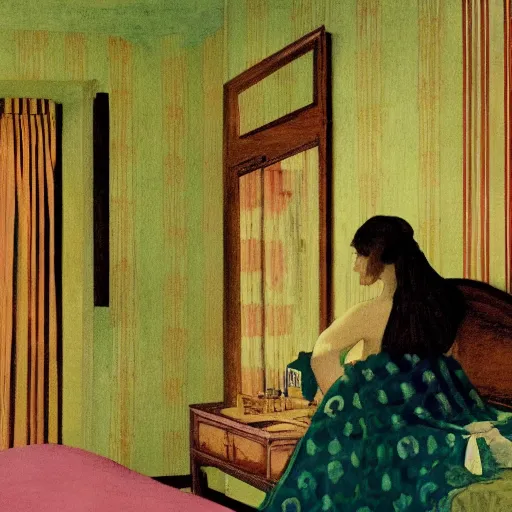 Prompt: a lonely girl in a liminal hotel room, art nouveau wallpaper, film still by wes anderson, depicted by balthus, limited color palette, very intricate, art nouveau, highly detailed, lights by hopper, soft pastel colors, minimalist