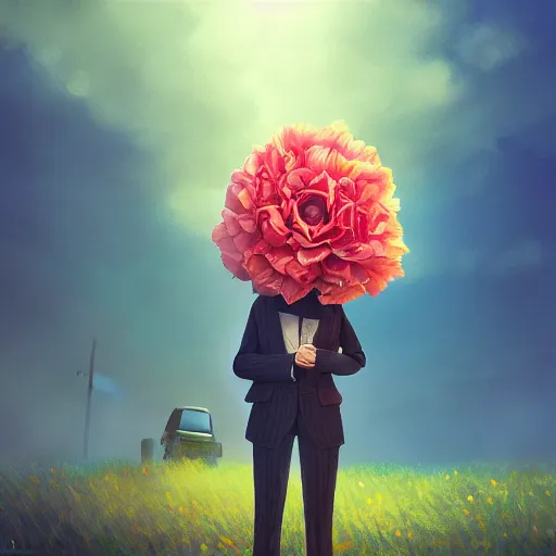 Image similar to portrait, giant rose flower head, girl in a suit, surreal photography, sunrise, blue sky, dramatic light, impressionist painting, digital painting, artstation, simon stalenhag