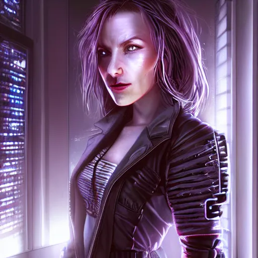 Prompt: portrait of cyberpunk woman looking out of a window, cyberpunk setting, futuristic, highly detailed, intricate lighting, digital painting, sharp focus, illustration, trending on artstation, art by steve argyle.