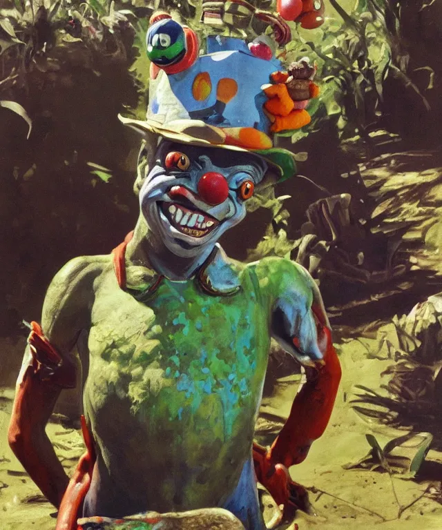 Image similar to frog boy farmer finds the clown crown in the dirt, clown crown, moment of destiny, painting by Syd Mead, cinematography by Robby Müller