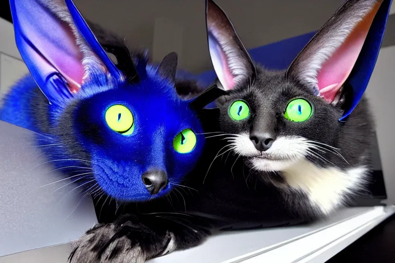 Image similar to a blue - and - black male blue / green heterochromatic catbat fursona with blue / green heterochromatic eyes ( one eye green ) and huge bat ears, photo of the catbat streaming on his computer