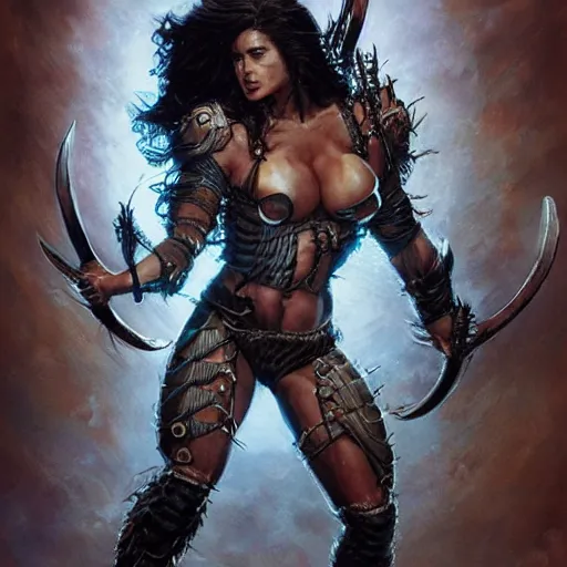 Prompt: muscular beautiful salma hayek wearing steel barbarian armor tombow artwork uta natsume , lucas graciano, greg staples ,jean-sebastien rossbach , christophe young , eytan zana , rumiko takahashi