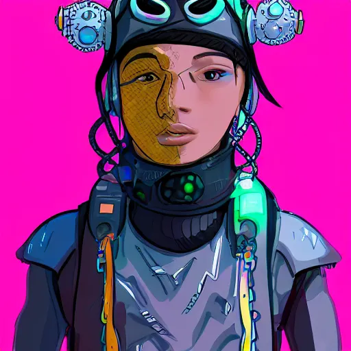 Image similar to in the style of ghostshrimp and bubbltek a highly detailed character concept illustration of a young mixed race explorer wearing a cyberpunk headpiece