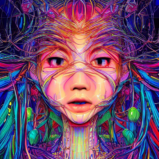 Image similar to the face of a ridiculously beautiful and cute japanese girl partially made of onion rings of all colors looking down, an ultrafine detailed illustration by james jean, final fantasy, intricate linework, bright colors, behance contest winner, vanitas, angular, altermodern, unreal engine 5 highly rendered, global illumination, radiant light, detailed and intricate environment