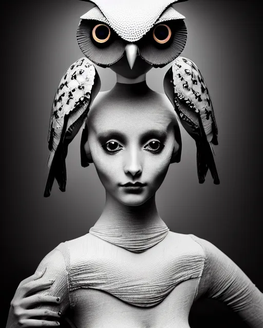 Image similar to surreal mythical dreamy dark artistic black and white fine art 3 / 4 fashion portrait photo of a young beautiful delicate female robot - owl with orchid - doll face, rim light, cinematic, studio dramatic light, poetic, masterpiece, octane render, 8 k, photo - realistic by gustave dore hg giger tamara de lempika