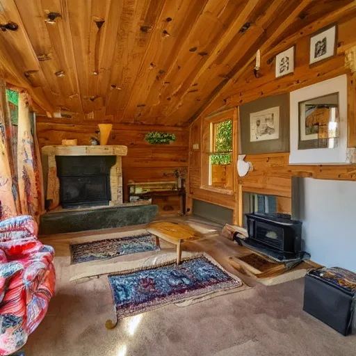 Prompt: photo of interior of cozy mushroom themed cottage