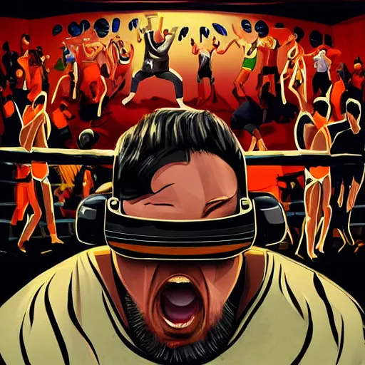 Image similar to wrestlers wearing vr headsets, vr goggles, shrugging, shrugging arms, tap out, fight club, tapping out, minimalistic, trending on art station, poster art by grzegorz domaradzki