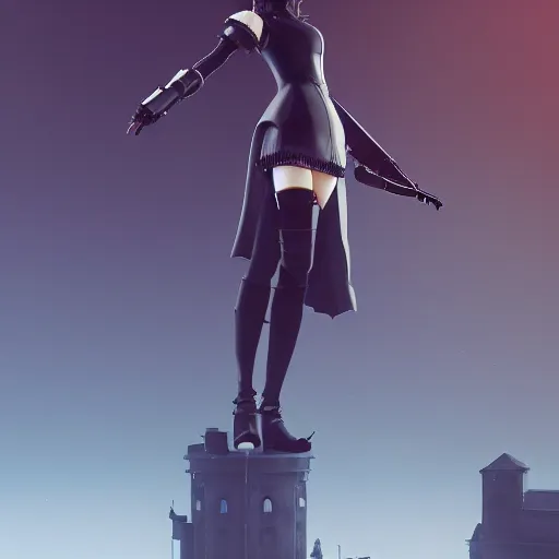 Image similar to 2B nier automata standing on top of a tower, 4k, unreal engine render, trending in artstation, artstationHD, artstationHQ