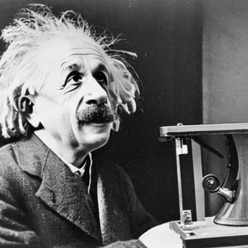 Image similar to photo of Albert Einstein DJing a phonograph, vintage, highly detailed facial features