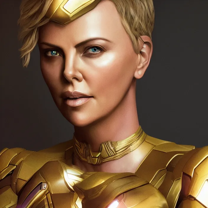 Image similar to portrait of (Charlize Theron), wearing The Infinity GAUNTLET. intricate artwork. octane render, trending on artstation, very coherent symmetrical artwork. avengers. THANOS. cinematic, hyper realism, high detail, octane render, 8k, iridescent accents