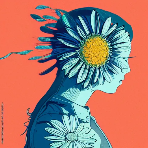 Prompt: closeup, huge daisy flower as a head, woman standing in modern apartment, surreal, dramatic light, by victo ngai by james jean, by rossdraws, frank franzzeta, mcbess