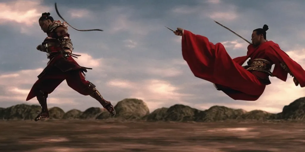 Image similar to a film still of a light skinned black man starring as an ancient samurai flying doing a flying kick, japanese blockbuster film, the sky is red, shallow depth of field, cinematic, award winning cgi, vfx, film still