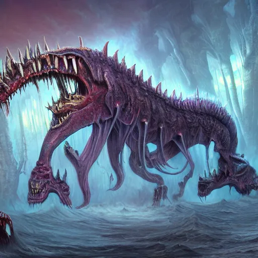 Prompt: colossal dreadmaw, driven, ghostly pride, highly detailed, digital painting, HDRI, by wayne barlowe and josh pierce, vivid colors, high contrast, 8k resolution, intricate, photorealistic, smooth