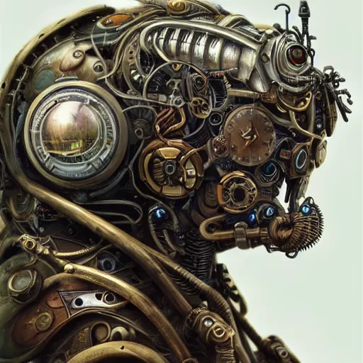Image similar to portrait painting of a steampunk cyborg alien, transhumanism, ultra realistic, concept art, studio ghibli, intricate details, eerie highly detailed
