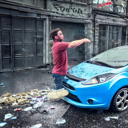 Image similar to crackhead destroying a blue 2013 ford fiesta