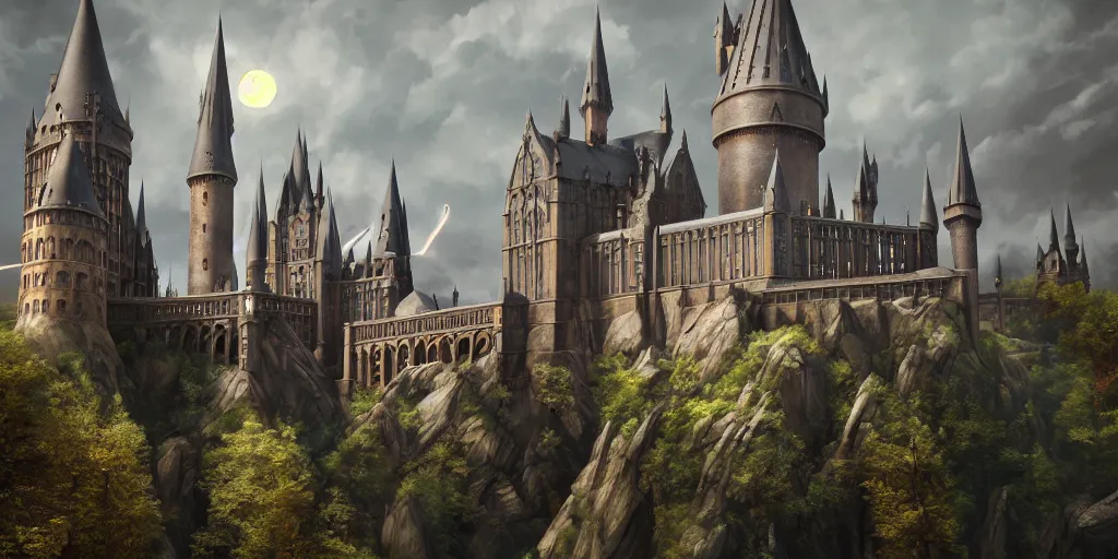 Prompt: mysterious painting of Hogwarts, immaculate scale, hyper-realistic, Unreal Engine, Octane Render, digital art, trending on Artstation, 16k, detailed, atmospheric, immaculate