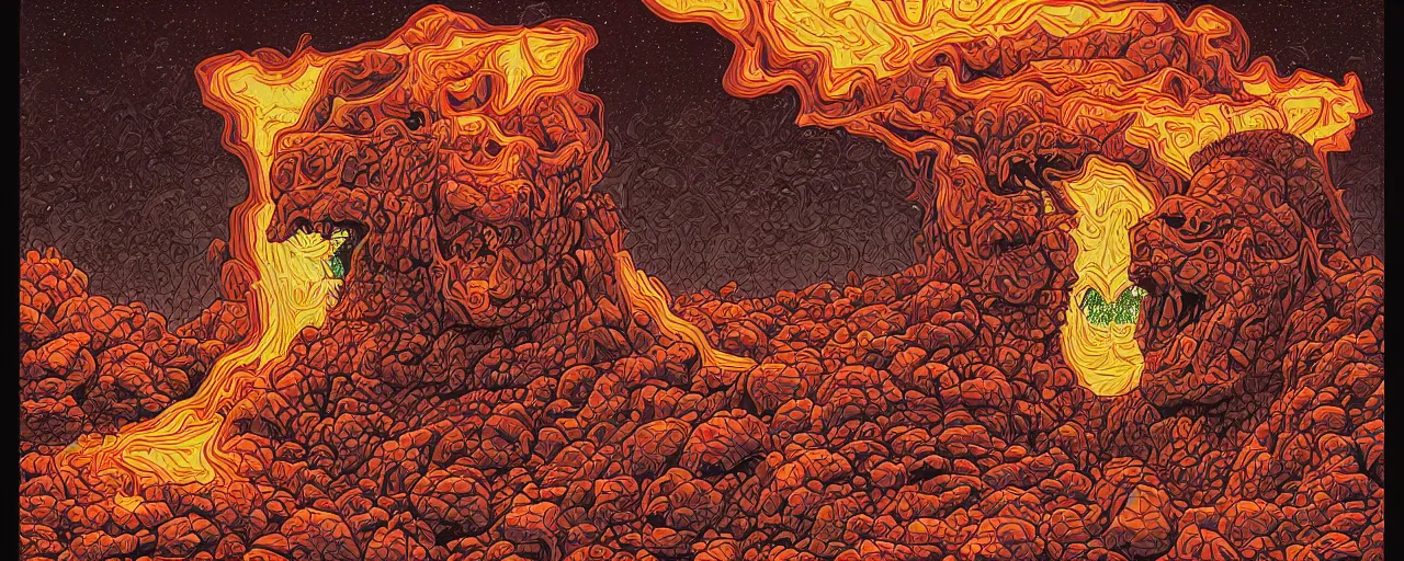 Prompt: portrait of head melting into another one, lava, laugh and surprise, by Dan Mumford