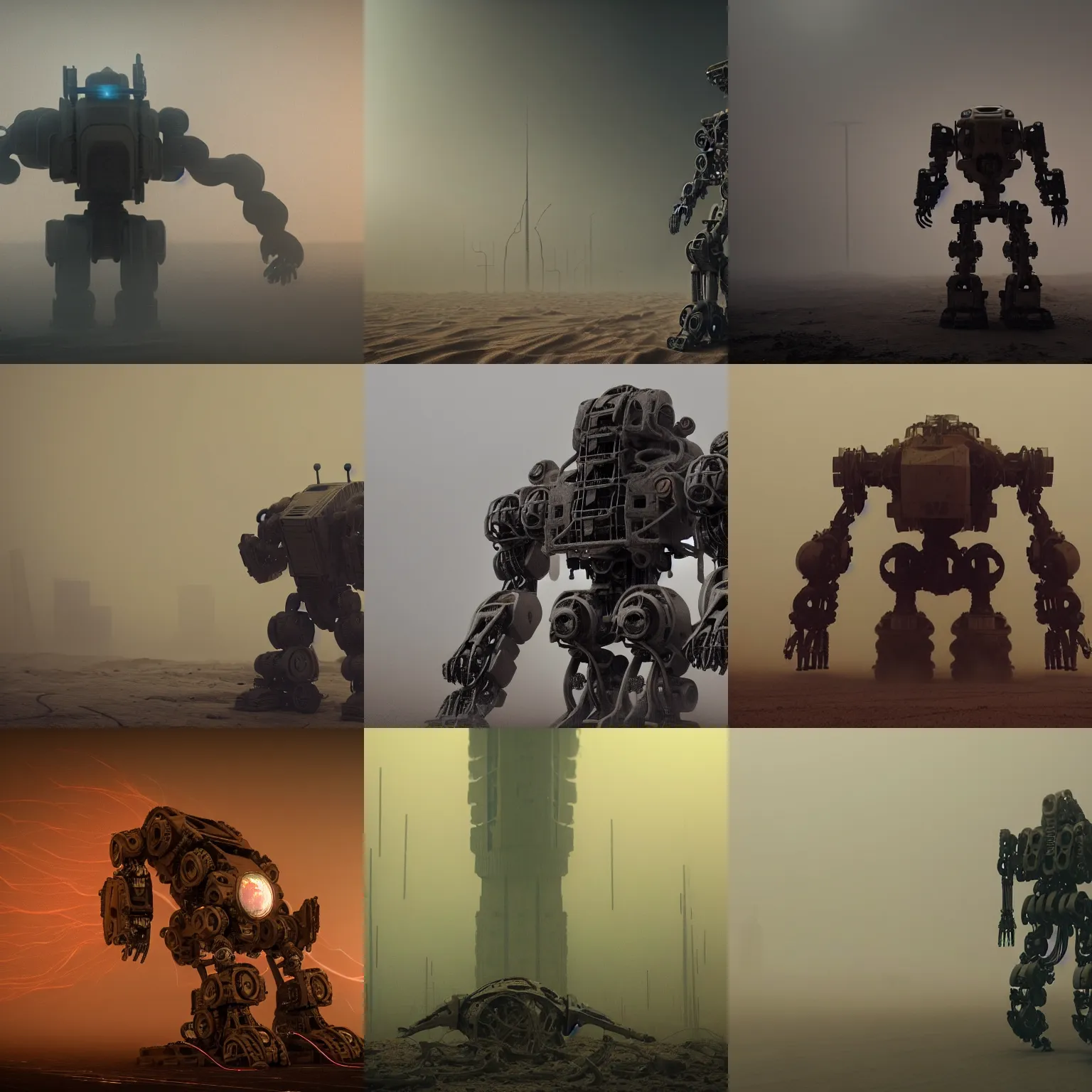 Prompt: a ruin mega mech humanoid broken down, caught in the flow of time, in sandstorm. screw, nut, pipe, circuits, wires swirling interwoven. smog. particles. octane render. 8 k. dark atmospheric. cinematic. spectacular. sense of awe. debris. mist. strong winds. super slowmotion.
