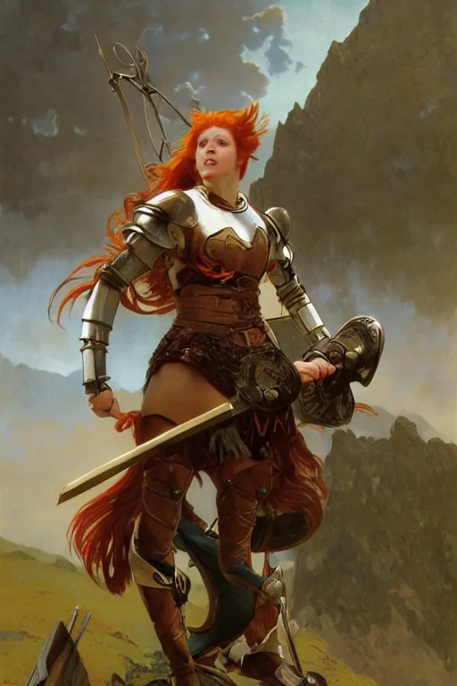 Image similar to full - body matte portrait of a legion of red haired lesbian valkyries in a heroic pose and wearing thick bronze plate armor at the top of a mountain holding a spear made of lightning, art by albert bierstadt, alphonse mucha, andreas rocha, greg rutkowski, sharp edges. ultra clear detailed. 8 k. elegant. octane render