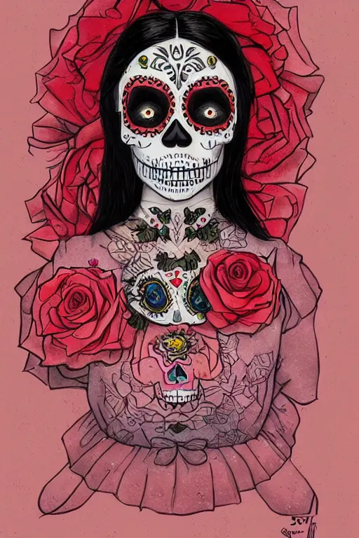 Prompt: Illustration of a sugar skull day of the dead girl, art by scott listfield