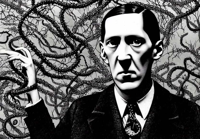 Prompt: H.P. Lovecraft with morbid thoughts wearing a black coat, and tentacles, he is being embraced by thorny vines, dunwitch horror, eldritch abomination, painted on glass by Range Murata, Katsuhiro Otomo, Yoshitaka Amano, and Artgerm. 3D shadowing effect, 8K resolution.