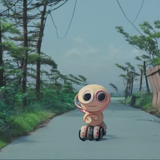 Prompt: film still of a happy cute octopus wearing roller skates on all tentacles, skating on a Japanese countryside road, studio ghibli, miyazaki, makoto shinkai, cinematic lighting, sunny, highly detailed, hand drawn, intricate details, dreamy 8k