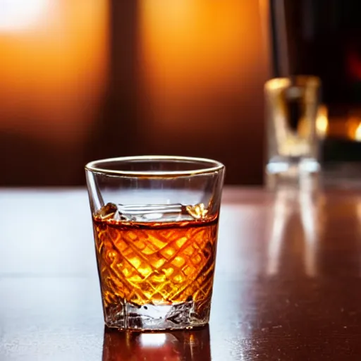 Prompt: a beautiful glass of amber bourbon on the rocks, with backlighting, classy, fancy glassware.