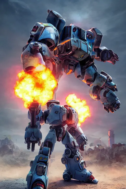 Image similar to mechwarrior 5 : mercenaries mech megaman transformer robot boss tank engine game octane render, 4 k, hd 2 0 2 2 3 d cgi rtx hdr style chrome reflexion glow fanart, global illumination ray tracing hdr fanart arstation by ian pesty by jesper ejsing pixar and disney unreal zbrush central hardmesh